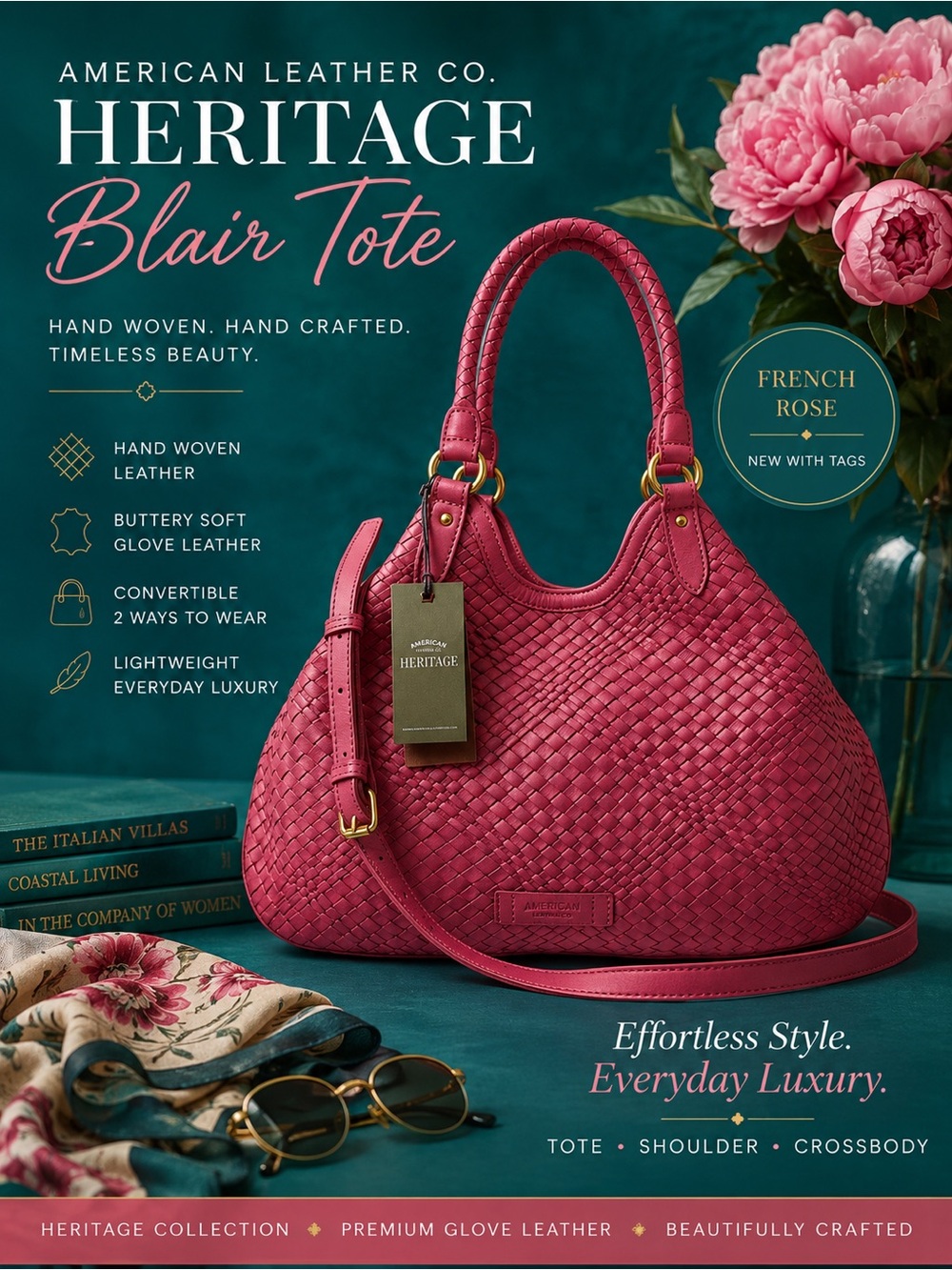 American Leather Co. Heritage Hand Woven French Rose Blair Tote/Crossbody Bag